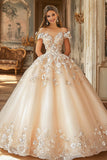 Champagne Ball Gown Off La Spalla Appliqued Tulle Quinceanera Dress