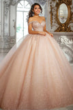 Glitter Champagne Ball Gown Off La Spalla Appliqued Quinceanera Dress
