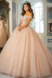 Glitter Ball Gown Champagne Off The Spalla Pizzo Appliqued Quinceanera Dress