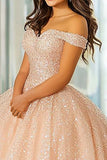 Glitter Ball Gown Champagne Off The Spalla Pizzo Appliqued Quinceanera Dress