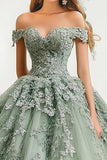 Dusty Sage Ball Gown Off The Spalla Tulle Appliqued Quinceanera Dress