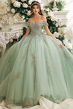 Dusty Sage Off The Spalla Pizzo Appliqued Tulle Quinceanera Dress