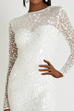 Bianco paillettes aderente scoop collo maniche lunghe abito corto di laurea
