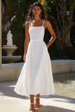Elegante Spaghetti Straps Cotone Bianco A Line Abito Laurea