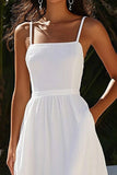 Elegante Spaghetti Straps Cotone Bianco A Line Abito Laurea