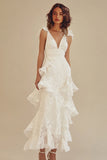 Bianco con scollo a V A-Line Chiffon alla caviglia Little Dress bianco con volant
