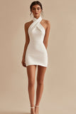 Halter Neck A-Line Raso Lunghezza al ginocchio Tubino bianco