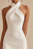Halter Neck A-Line Raso Lunghezza al ginocchio Tubino bianco