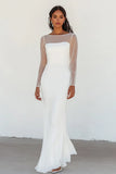 Abito da laurea in chiffon bianco con scollo a barca con maniche a 3/4