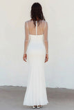 Abito da laurea in chiffon bianco con scollo a barca con maniche a 3/4