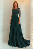 Chiffon Pizzo Verde Scuro Madre Del Vestito con Maniche A 3/4