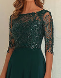 Chiffon Pizzo Verde Scuro Madre Del Vestito con Maniche A 3/4