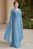 Cravatta nera blu polveroso A-Line Scoop chiffon lungo madre dell'abito da sposa con maniche lunghe