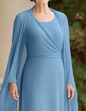 Cravatta nera blu polveroso A-Line Scoop chiffon lungo madre dell'abito da sposa con maniche lunghe