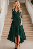 Elegante verde scuro A-Line scollo a V chiffon lungo madre dell'abito da sposa con applicazioni in pizzo