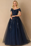 Black Tie Navy A-Line Scollo a V Tulle Lungo Madre della Sposa Abito con maniche corte