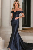 Elegante Navy Off The Spalla Mermaid Satin Lungo Madre Abito Da Sposa