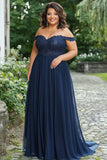 Elegante Navy Off the Shoulder A-Line Chiffon lungo madre del vestito da sposa con applicazioni in pizzo