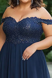 Elegante Navy Off the Shoulder A-Line Chiffon lungo madre del vestito da sposa con applicazioni in pizzo