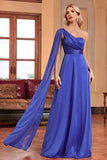 Royal Blue One Shoulder con Streamer A Line Increspato Abito da damigella d'onore lungo