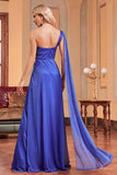 Royal Blue One Shoulder con Streamer A Line Increspato Abito da damigella d'onore lungo