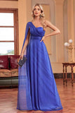 Royal Blue One Shoulder con Streamer A Line Increspato Abito da damigella d'onore lungo
