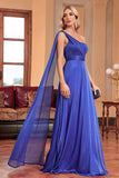 Royal Blue One Shoulder con Streamer A Line Increspato Abito da damigella d'onore lungo