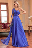 Royal Blue One Shoulder con Streamer A Line Increspato Abito da damigella d'onore lungo