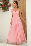 Blush Removable Straps A Line Pleted Abito da damigella d'onore con fessura