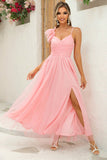 Blush Removable Straps A Line Pleted Abito da damigella d'onore con fessura