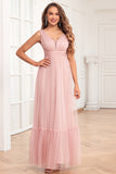 Spaghetti Straps Blush Pink Ruffles A Line Abito da damigella d'onore lungo