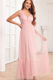 Spaghetti Straps Blush Pink Ruffles A Line Abito da damigella d'onore lungo