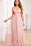 Spaghetti Straps Blush Pink Ruffles A Line Abito da damigella d'onore lungo