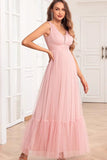 Spaghetti Straps Blush Pink Ruffles A Line Abito da damigella d'onore lungo