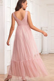 Spaghetti Straps Blush Pink Ruffles A Line Abito da damigella d'onore lungo