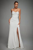 Ivory Spaghetti Straps sirena increspato abito da sposa lungo con fessura