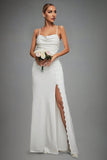 Ivory Spaghetti Straps sirena increspato abito da sposa lungo con fessura