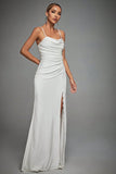 Ivory Spaghetti Straps sirena increspato abito da sposa lungo con fessura