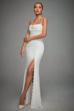 Ivory Spaghetti Straps sirena increspato abito da sposa lungo con fessura