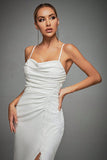 Ivory Spaghetti Straps sirena increspato abito da sposa lungo con fessura
