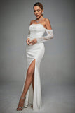 Avorio Off The Shoulder Lace Maniche Abito da sposa lungo con fessura