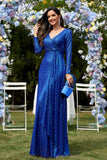 Glitter Royal Blue Beads Scollo a V Maniche Lunghe Guaina Plissettato Madre del Vestito Da Sposa