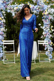 Glitter Royal Blue Beads Scollo a V Maniche Lunghe Guaina Plissettato Madre del Vestito Da Sposa