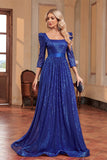Blu reale una linea di paillettes scollo quadrato lungo madre del vestito da sposa