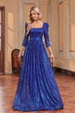 Blu reale una linea di paillettes scollo quadrato lungo madre del vestito da sposa