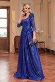 Blu reale una linea di paillettes scollo quadrato lungo madre del vestito da sposa