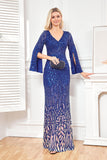 Sparkly Royal Blue con scollo a V madre dell'abito da sposa con maniche lunghe