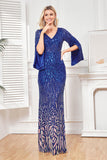 Sparkly Royal Blue con scollo a V madre dell'abito da sposa con maniche lunghe