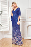 Sparkly Royal Blue con scollo a V madre dell'abito da sposa con maniche lunghe