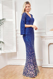 Sparkly Royal Blue con scollo a V madre dell'abito da sposa con maniche lunghe